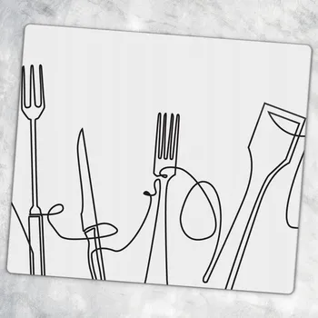 Obraz Skleněná kuchyňská deska na krájení s grafikou Monochromatické příbory 60x52