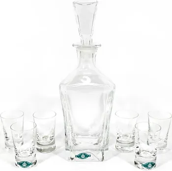 Sada 1x skleněná láhev, 1x skleněná zátka a 6x sklenice na panáky čirá