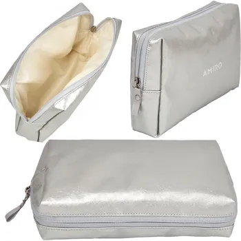Kosmetická taška CESTOVNÍ Kosmetická taštička Amiro na zip STŘÍBRNÁ lesklá na kosmetiku