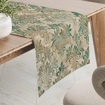 ubrus Sametový běhoun na stůl Tamara TMR-049 Hnědo-zelený zámecký vzor na světle hnědém 20x160 cm