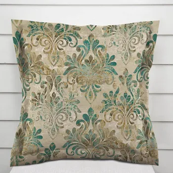 Povlak na polštářek Sametový povlak na polštář s lemem Tamara TMR-049 Hnědo-zelený zámecký vzor na světle hnědém 35 x 45 cm