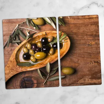 Obraz Sada Skleněných Prkének do Kuchyně s Dřevěnou Lžící a Motivem Oliv 40x52 cm a 30x52 cm