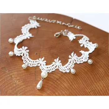 Náhrdelník Choker Fashion Jewerly - Bílý Krajkový náhrdelník zdobený perličkami, Pro nevěstu, Svatební, Romantická kráska, Elegant Lace Party 3144