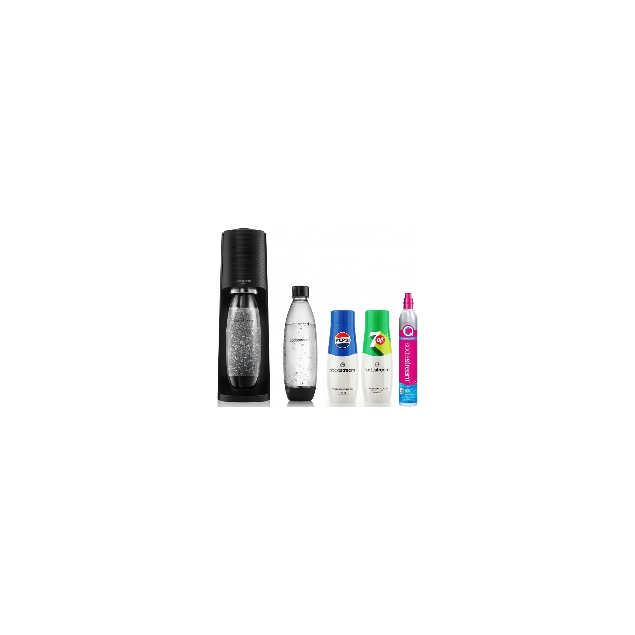 Fotografie 1 - Výrobník sody SodaStream Terra černý + 2 lahve 1 l + sirup 7Up + sirup Pepsi