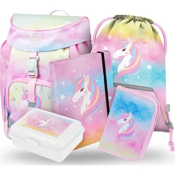 Školní set Baagl Airy Rainbow Unicorn – batoh 650 g, penál, sáček, desky a box