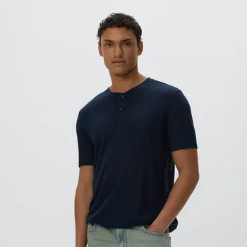 Pánské tričko Reserved - Henley tričko s klasickým střihem - tmavomodrá - WC941-59X - WC941-59X-XXL