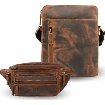 Paolo Peruzzi Dárková sada: Pánská kožená taška přes rameno a ledvinka do pasu Peruzzi; hnědá