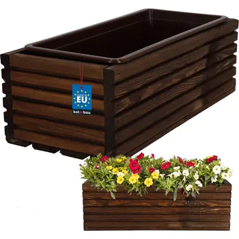 Truhlík Květináč zahradní dřevěný truhlík na terasu s vložkou hnědý 44x20 cm - hnědá \ 44x20 cm