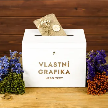 Úložný box Dřevia Bílá svatební truhla na přání – s VLASTNÍ GRAFIKOU nebo TEXTEM
