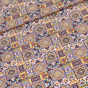 Bavlněné plátno EMA geometrický vzor, modro-oranžový, š.140cm (látka v metráži)