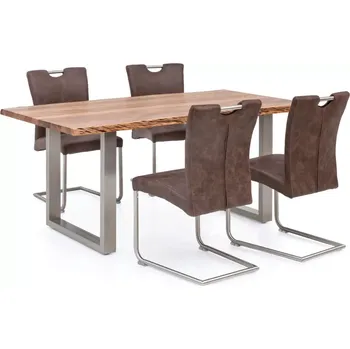 Jídelní set Masivní jídelní sestava Bullwer s 4 židlemi Reefton, akácie a látka, lakovaná, hnědá