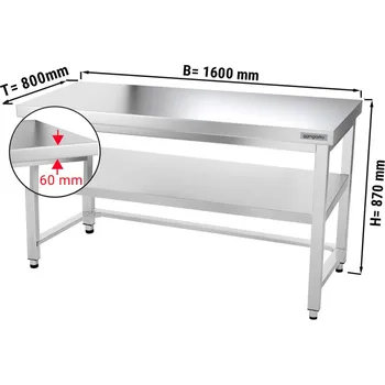 Jídelní stůl G.Gastro Nerezový Pracovní stůl PREMIUM - 1,6 m - se spodní policí & výztuhou