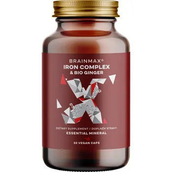 BrainMax Iron Complex, železo bisglycinát, 25 mg, 50 rostlinných kapslí Železo v chelátové formě s vitamínem C, B9 a B12, nově s BIO zázvorem, doplněk stravy
