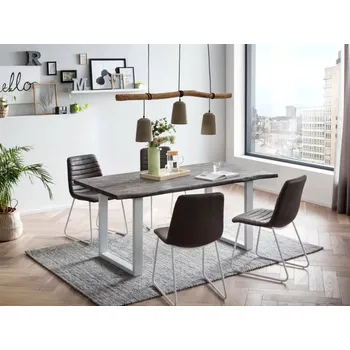 Jídelní set Masivní jídelní sestava Bullwer se 4 židlemi Milton, akácie/látka/kov, lakovaná, šedo-bílá