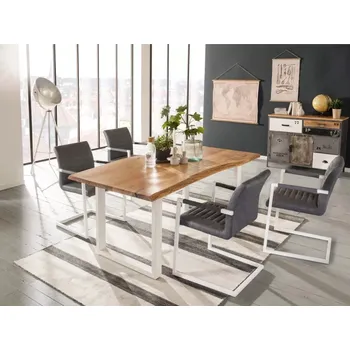 Jídelní stůl Masivní jídelní sestava Bullwer s 4 židlemi Picton, akácie a kov, šedá a hnědá, lakovaná