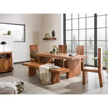 Jídelní set Masivní jídelní set Country 175 z mangového dřeva, lakovaný, hnědý – stůl, 4 židle, lavice 170 cm