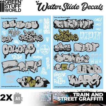 Příslušenství k deskovým hrám Green Stuff World Waterslide Decals - Train and Graffiti Mix - Silver and Gold (Green Stuff World)