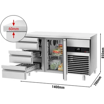 Mraznička G.Gastro Chladicí stůl PREMIUM - 1400x700 mm - s 1 dveřmi & 3 zásuvkami - vč. červené krájecí desky