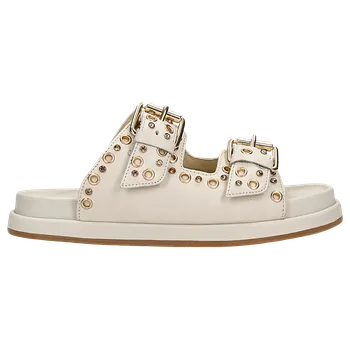 Dámské žabky Ploché Kožené Pantofle V Béžové Barvě Se Zlatými Cvoky Wojas 7412554 40