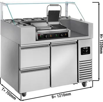 Servírovací stolek G.Gastro Přípravný stůl -1,21 x 0,7 m - s 1 dveřmi & 2 šuplíky 1/2 - vč. kontakního grilu