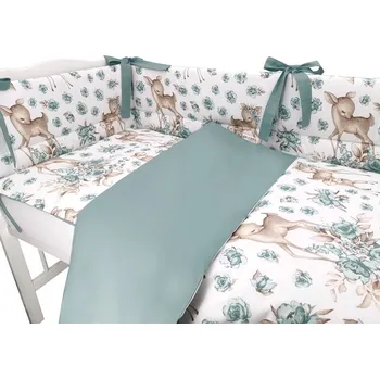 mantinel do postýlky BABY NELLYS 3-dílná sada Mantinel s povlečením, Srnka a růže, mátová, 135x100 cm