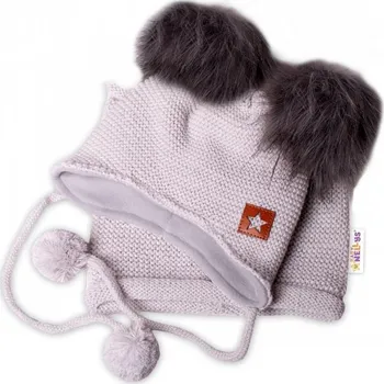 Čepice Zimní čepice s fleecem a chlupáčkové bambulky Star + komínek - šedá, 104/116