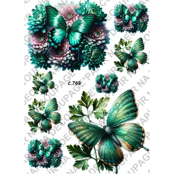 Umělecký papír Rýžový a soft papír na decoupage - Motýli na květině - KB0769 Materiál: Soft, Rozměr: A4