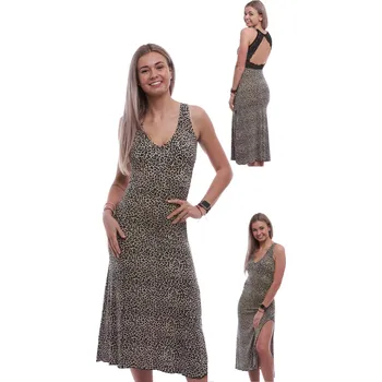 Dámská noční košile Dlouhá hedvábně jemná košilka bez rukávů, pro ženy vzor JAGUÁR a krajková záda 1D1562 hnědá xl