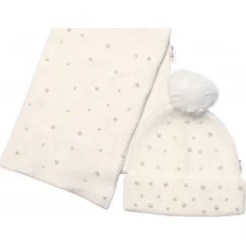 Čepice Zimní čepice s bambulí + šál, Pearls, Baby Nellys - smetanová, vel. 54/58
