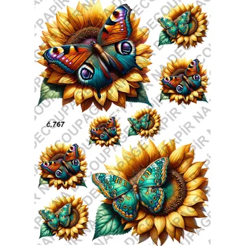 Umělecký papír Rýžový a soft papír na decoupage - Motýli na květině - KB0767 Materiál: Soft, Rozměr: A4