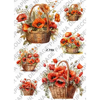 Umělecký papír Rýžový a soft papír na decoupage - Vlčí máky v košíku - KB0759 Materiál: Soft, Rozměr: A4