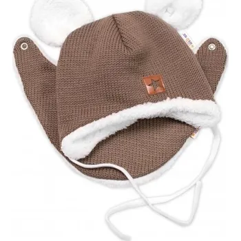 Čepice Baby Nellys Pletená zimní čepice s kožíškem a šátkem Star, hnědá, vel. 80/86