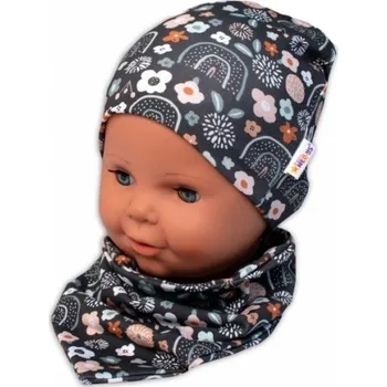 Pokrývka hlavy Baby Nellys Dvouvrstvá čepice + šátek Palouček, grafit, vel. 92/98