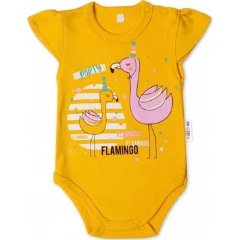 Baby Nellys Bavlněné kojenecké body, kr. rukáv, Flamingo - hořčicové