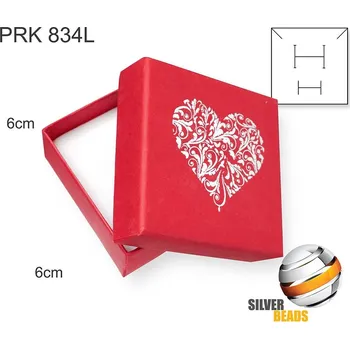 Dárková krabička Krabička na šperky. Materiál papír. Ozn. PRK 834L. Velikost 6x6cm. Barva ČERVENÁ s stříbrným potiskem SRDCE.