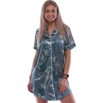 Dámské noční prádlo Kovově zelená elegantní košilka s límečkem ze saténu - Seian 1E8531 zelená xl