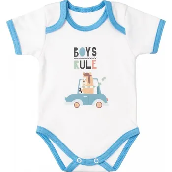 Kojenecký body MBaby Bavlněné body s krátkým rukávem, Méďa Boys Rule, bílo/modré, vel. 80