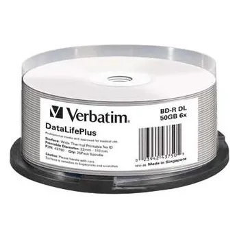 Optické médium VERBATIM BD-R, DL+ Wide Thermal Printable No Id Surface Hard Coat, 50GB, spindle, 43750, 6 (43750)