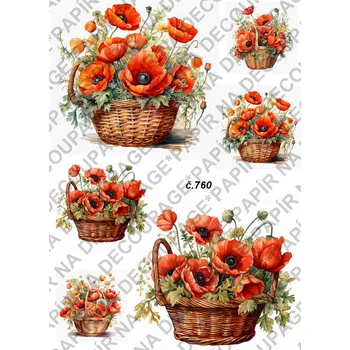 Umělecký papír Rýžový a soft papír na decoupage - Vlčí máky v košíku - KB0760 Materiál: Soft, Rozměr: A4
