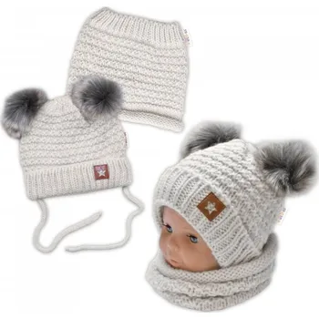 Čepice Zimní pletená čepice Star s fleecem a chlupáčkové bambulky+komínek 2D sada, béžový melírek