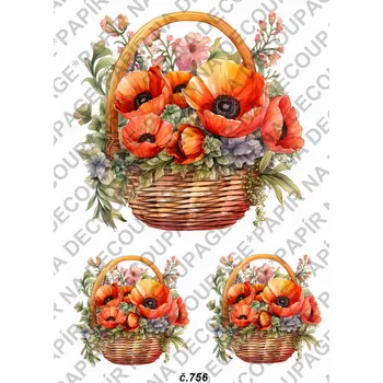 Umělecký papír Rýžový a soft papír na decoupage - Vlčí máky v košíku - KB0756 Materiál: Soft, Rozměr: A4