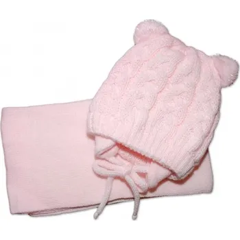 Pokrývka hlavy Zimní pletená kojenecká čepička s šálou TEDDY - sv. růžová, vel. 62/68