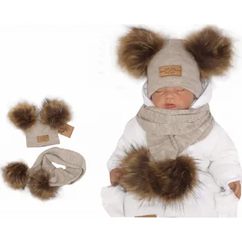Kojenecká čepice Z&Z Zimní čepice s bambulemi z kožešinky a šálou 2v1, béžová, vel. 86