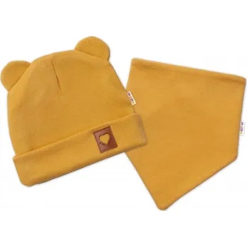 Čepice Baby Nellys Žebrovaná dvouvrstvá čepice s oušky + šátek TEDDY - hořčicová, 92/98