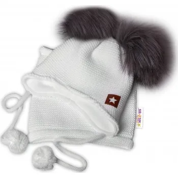 Čepice Zimní čepice s fleecem a chlupáčkové bambulky Star + komínek - bílá, 98/104, BABY NELLYS