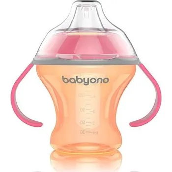 dětská jídelní sada BabyOno Nekapající hrneček s měkkým pítkem - oranžovo/růžový