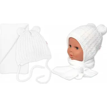 Čepice Zimní čepice na zavazování s bambulky + šál, Baby Nellys - bílá, vel. 74/80