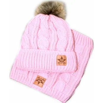 Čepice Zimní pletená čepice s bambulí + komínek, světle růžová