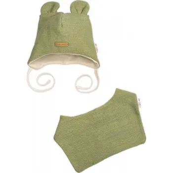 Čepice Pletená čepice s bavlněnou podšívkou a šátkem 2v1, Teddy Hand made - oliva, 80/86