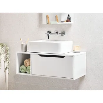 Koupelnový nábytek Nástěnná koupelnová skříňka bílá MDP 80 x 40 cm drážkované čelo se 2 policemi předem vyříznuté otvory koupelna Beliani